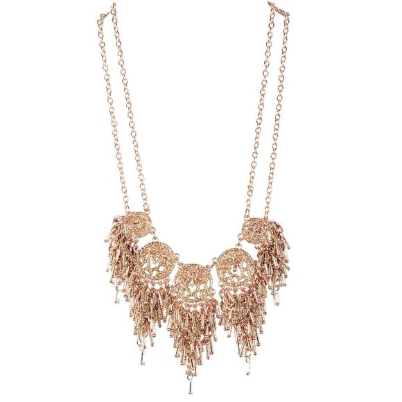 Rose Gold Tone Statement Necklace Filigree Beaded Fringe 16" +3" Extender - Picture 1 of 15
